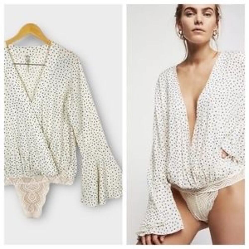 Free People Ivory Makin Waves Dot Bell Sleeve Bodysuit SP Western Boho Oversized